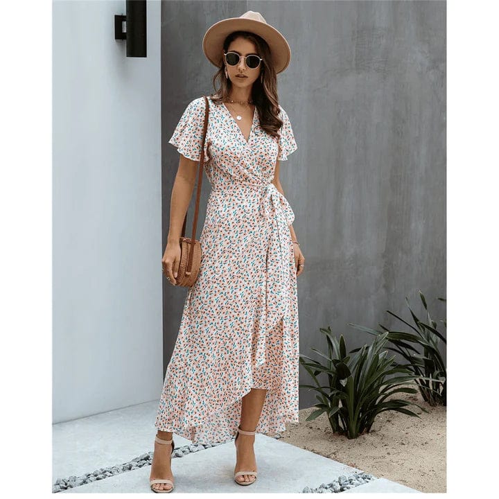 Ewa™ - Różowa Sukienka Ibiza z Printem o Długim Fasonie